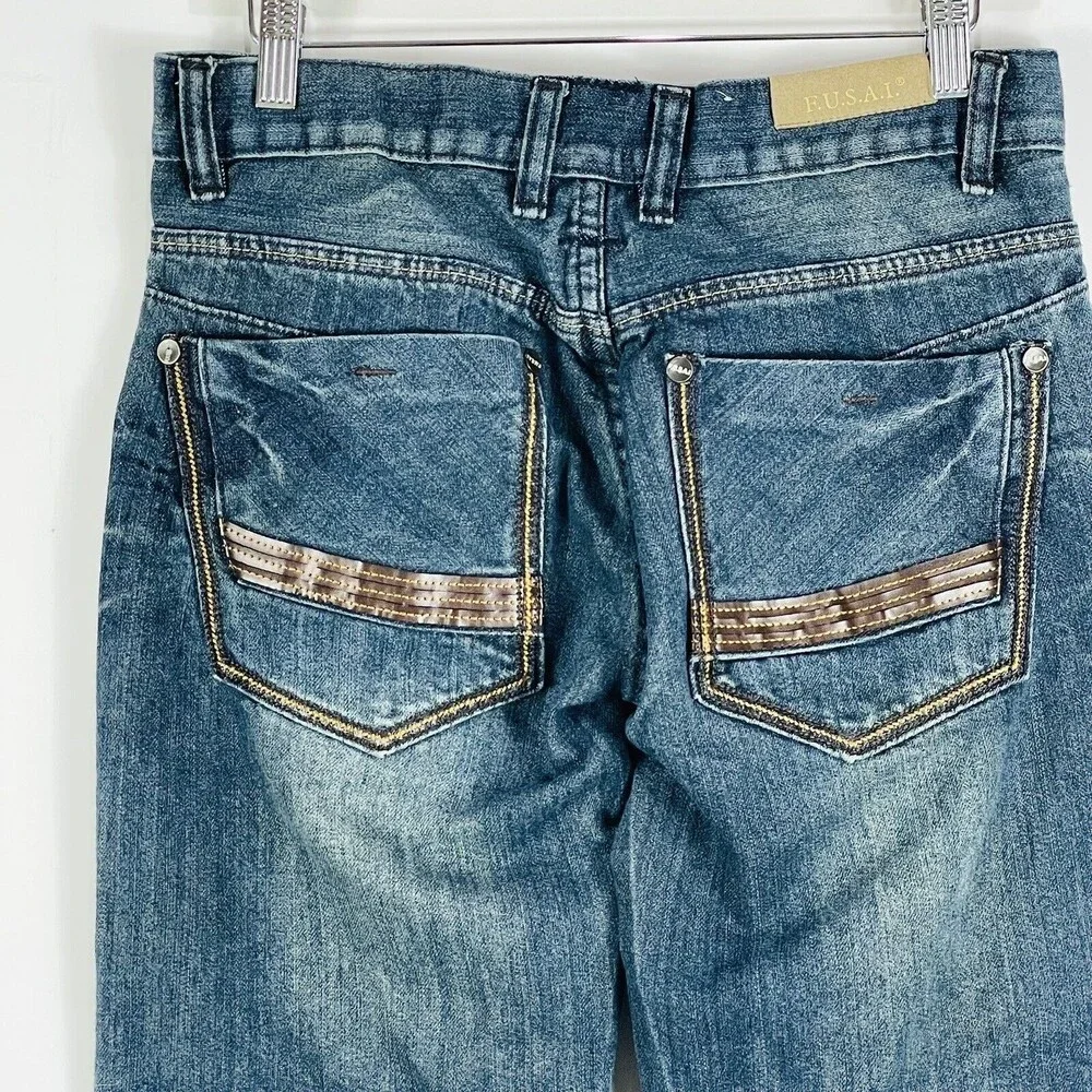 FUSAI 1997‎ Straight Leg Leather Trim Pocket Distressed Jeans Mens Sz 30 x 30 - Picture 5 of 8